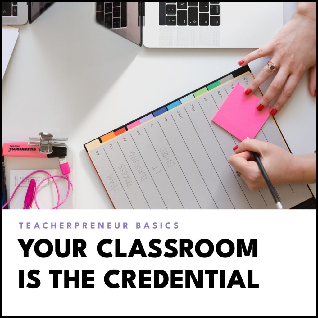 Hands writing in a tabbed planner next to a laptop, with the headline 'Your classroom is the credential'
