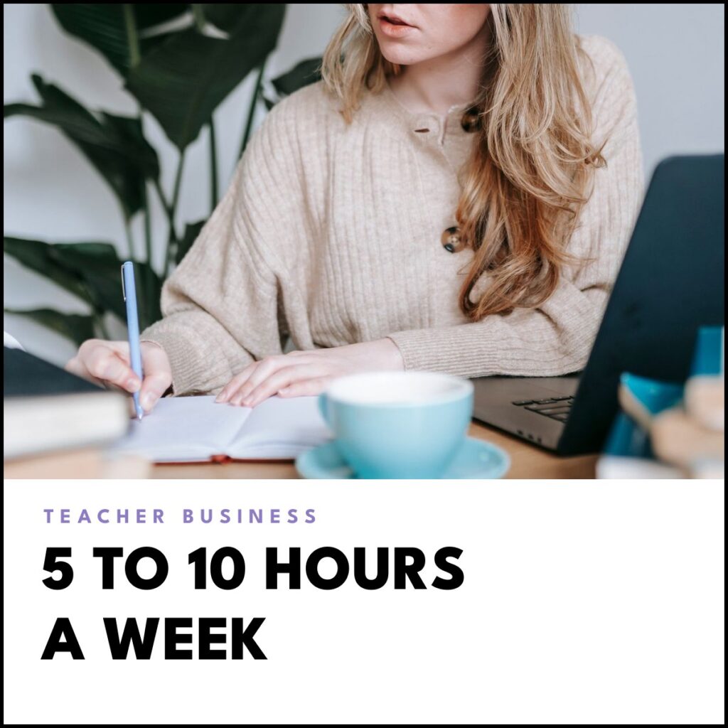A teacher writing in a notebook at a desk with a cup of coffee and a laptop nearby, with the headline '5 to 10 hours a week'