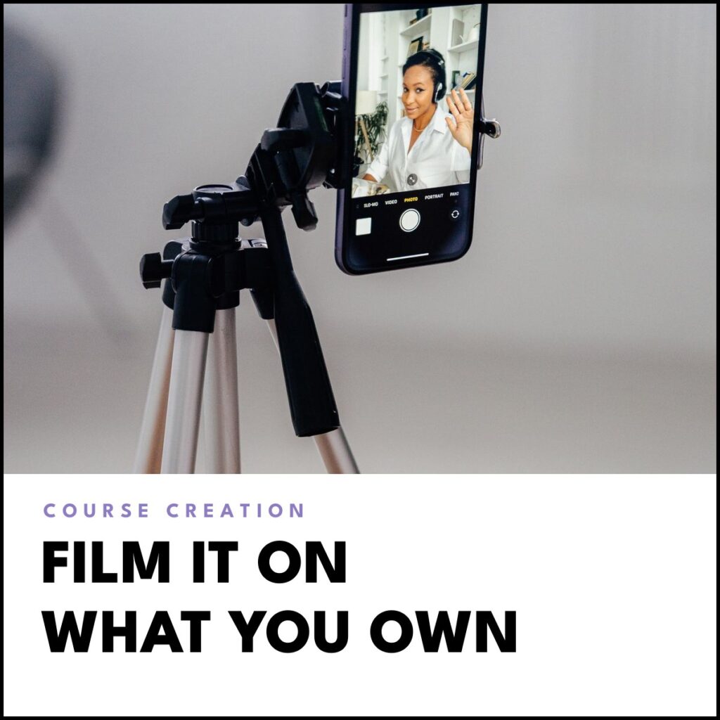 A smartphone on a tripod set up to record a lesson at home, with the headline 'Film it on what you own'