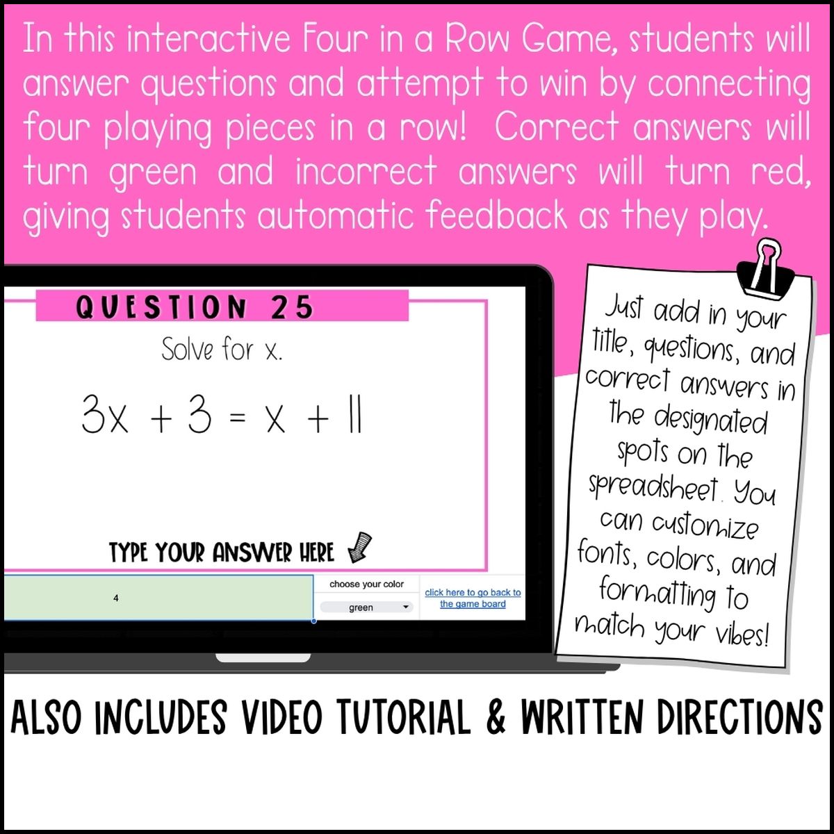 The Four in a Row Google Sheets template showing a question with a correct answer turned green for instant feedback